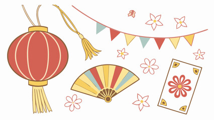 Traditional Asian festival decoration elements set red lantern folding fan bunting flags flowers card tassel isolated on white background.