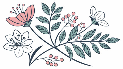 Simple vector floral illustration. Hand drawn botanical design element with flowers, leaves, berries. Nature art.