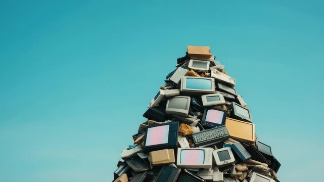 Pile of old computer monitors and keyboards stacked high against clear blue sky symbolizing electronic waste pollution recycling challenges environmental issue discarded device technology e waste old
