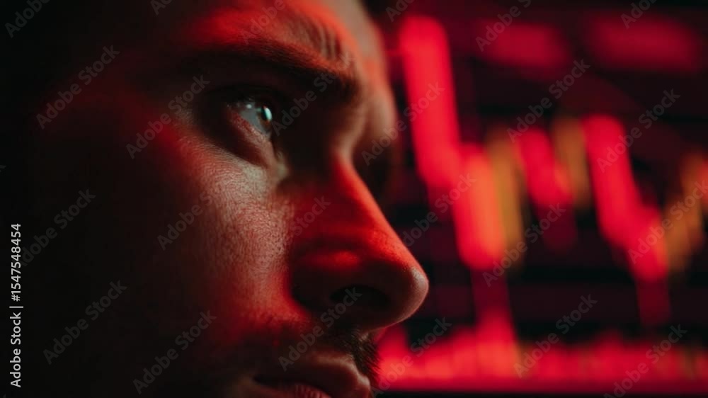 Poster trader's gaze: a focused trader with intense eyes analyzes stock charts on a screen, bathed in the r
