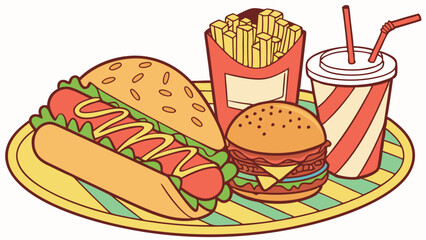 Cartoon Unhealthy Junk Food Combo Meal Illustration Hot Dog Hamburger French Fries Soda Drink