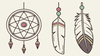 Boho Dreamcatcher And Feathers Set Spiritual Mystical Symbol Talisman Vector Illustration Graphic Element Collection Art