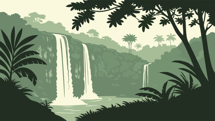 Tropical Jungle Waterfall Landscape Nature Scene Lush Green Forest River Water Serene View Adventure Travel Background Illustration
