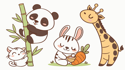 Adorable cartoon animals vector illustration. Cute panda, bunny, kitty, giraffe characters for kids design.