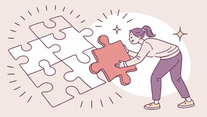 Business problem solving concept woman completing jigsaw puzzle illustration