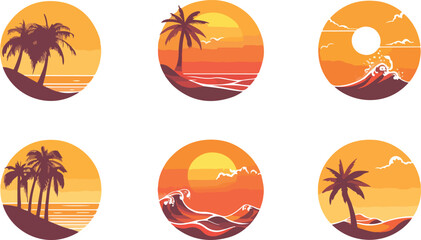 Collection of Tropical Sunset Vector Illustrations in Circular Frames Featuring Palm Trees Ocean Waves and Warm Colors for Summer and Vacation Themes