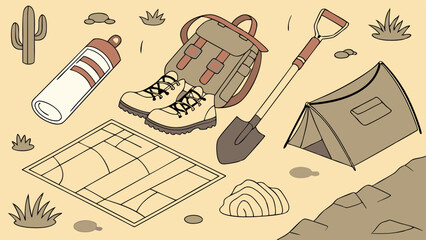 Essential Hiking Camping and Adventure Gear Kit with Backpack Boots Tent Map and Shovel for Desert Exploration Illustration