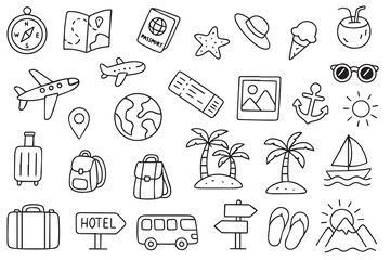 Summer travel vacation drawn icon set. Hand drawn sketch doodle style summer trip, vacation icon. Funny tourism vector illustration. Vector illustration