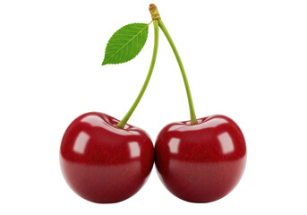 Isolated Two Red Cherries with Stem and Leaf