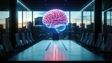 Glowing brain hovers above city conference table