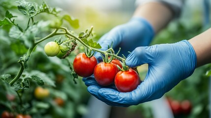 A person in blue gloves carefully holds a cluster of ripe tomatoes