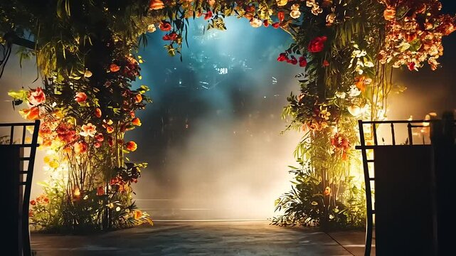 Enchanted Floral Archway with Ethereal Mist for Wedding Ceremony Setting