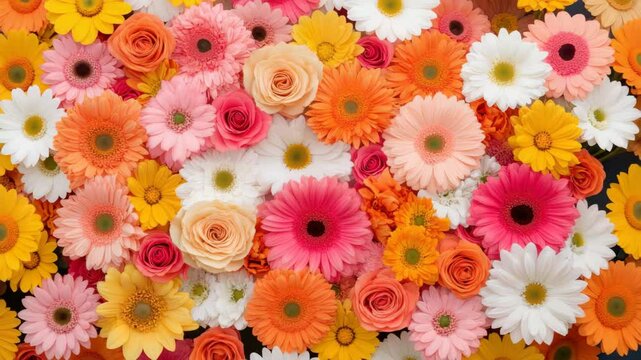 Colorful flower bouquet with gerbera daisy rose petals orange pink white yellow vibrant arrangement cheerful natural beauty spring floral pattern close up vibrant petals creating lively floral