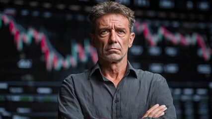 The Weight of the Market: A seasoned professional stands resolute before a financial graph. Capturing the grit and determination of a finance guru. - Powered by Adobe