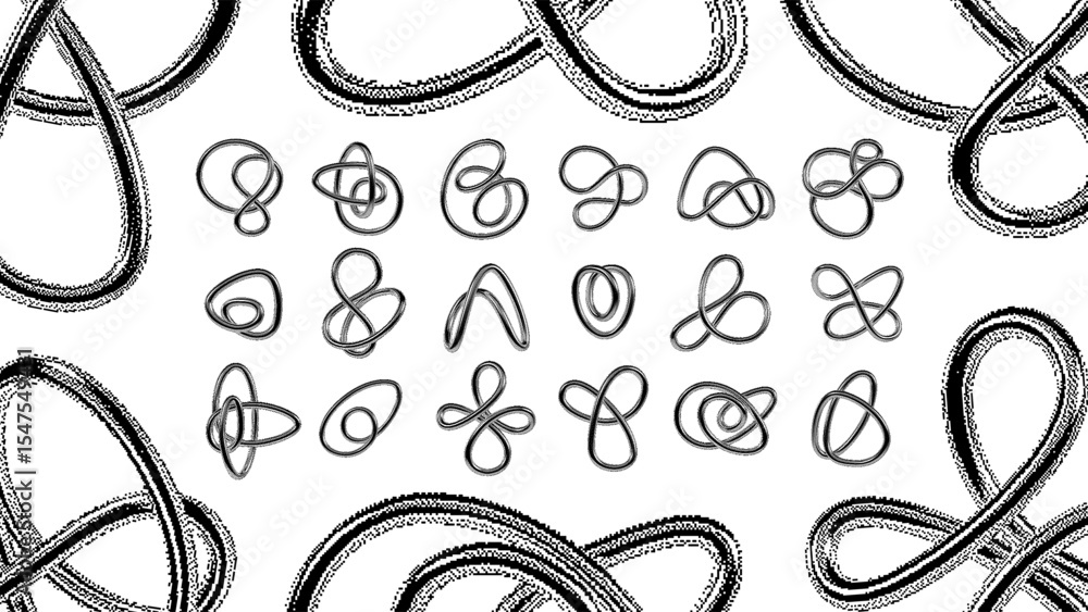 Poster set of abstract chrome loop shapes with 3d pixel halftone bitmap effect and monochrome palette in re