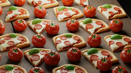 Pattern of appetizing pizza slices with pepperoni, mozzarella, basil leaves, and fresh tomatoes.