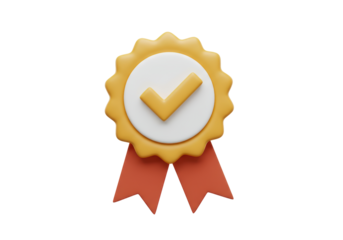 Isolated Gold Quality Badge with Check Mark and Red Ribbons