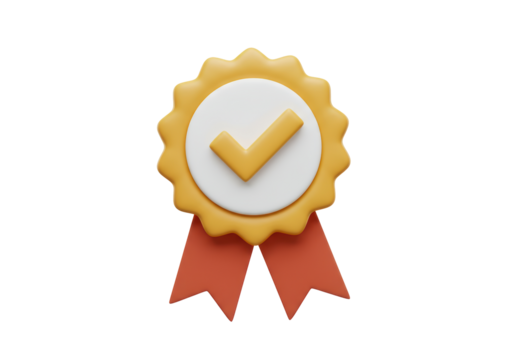 Isolated Gold Quality Badge with Check Mark and Red Ribbons