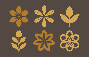 Collection of six golden floral designs on dark brown background simple geometric flower and plant illustrations