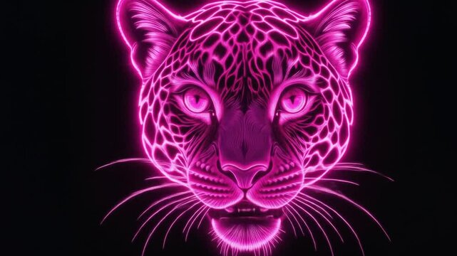 neon leopard on black background. Bright pink color, artistic digital art, fantasy animal, leopard print. 4k video