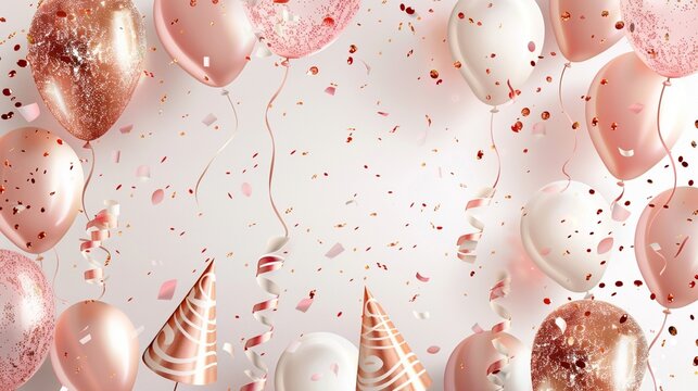 Fondo con globos, gorros y serpentinas de colores para tarjeta de cumplea&ntilde;os