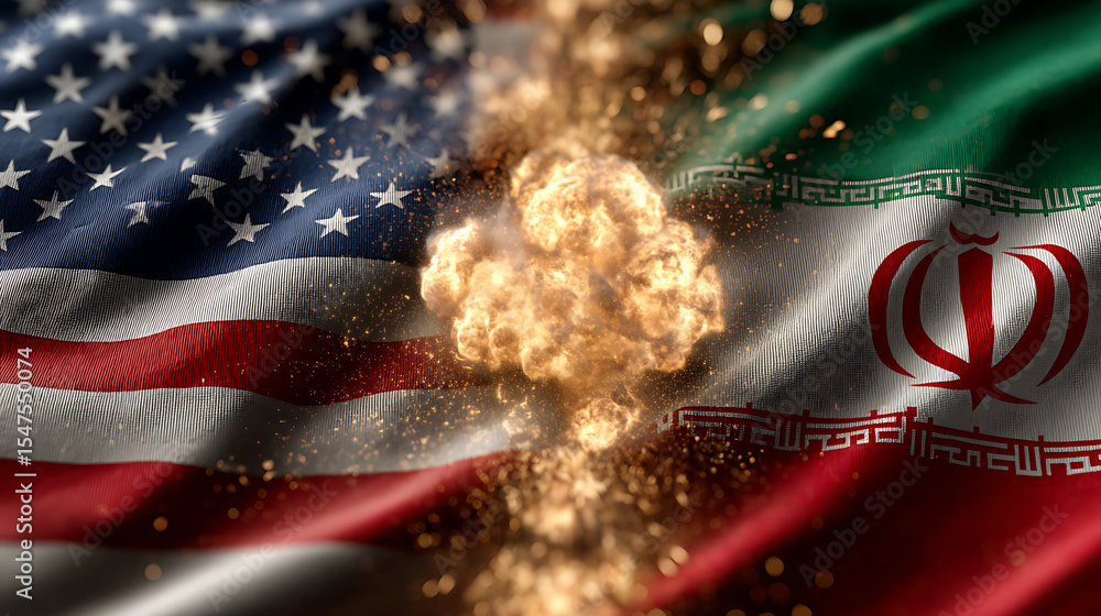 Poster the flags of the united states and iran are in close-up with an explosion in the background.
