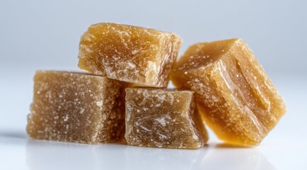Stacked amber-colored, cubed candies