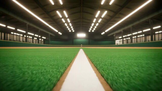 Indoor baseball field with artificial turf, green surface, white line markings, bright ceiling light, stadium setting perfect for sports training and energetic activities