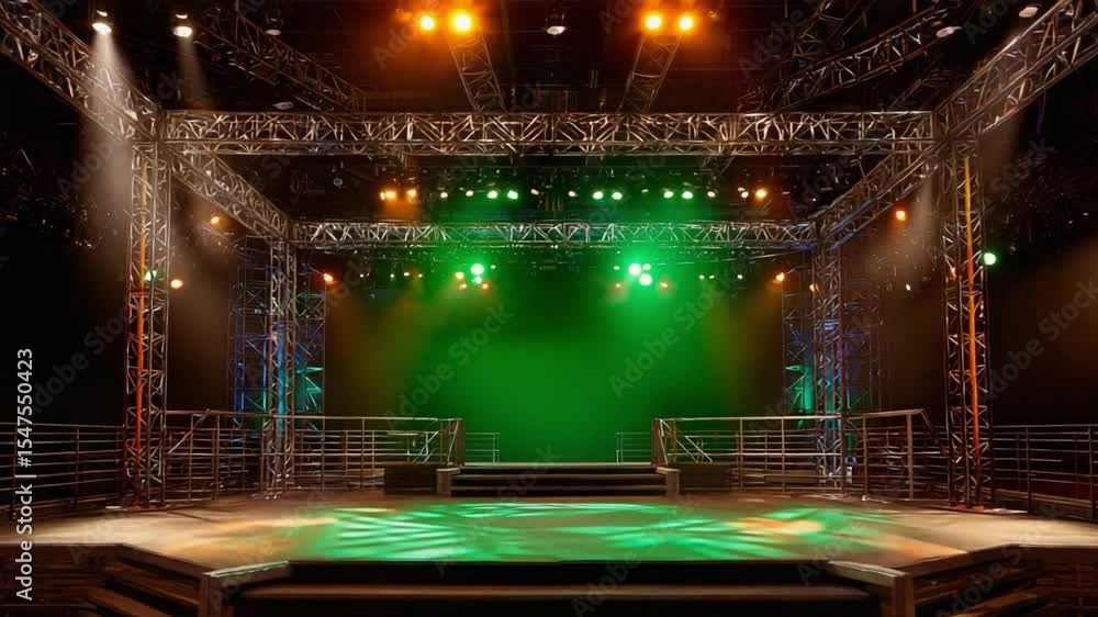 Poster empty stage with green lighting: a captivating image of an empty stage bathed in dramatic green ligh