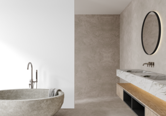 Freestanding Bathtub with Transparent Wall Mockup in Gray Modern Bathroom with Marble Countertop – Transparent Wall Mockup with Realistic Shadows – 3D render