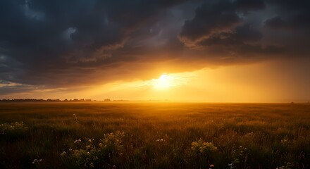 The sun sets majestically over a vast open field with moody clouds, bathing the land in a warm, golden glow
