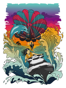 Two people are playing jet skis and parachuting in the open sea. This image can be edited as desired.
