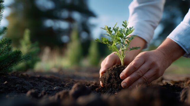 Hands gently plant a vibrant green seedling in rich soil symbolizing growth and sustainability fostering environmental stewardship and a connection to nature