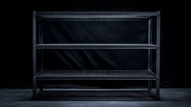 Empty metal storage rack with three shelves isolated against dark background perfect for industrial warehouse or retail space organization and efficiency