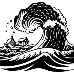 Large tsunami wave approaching houses on the coast