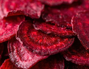 Close-up of crispy red beet chips for healthy snacking
