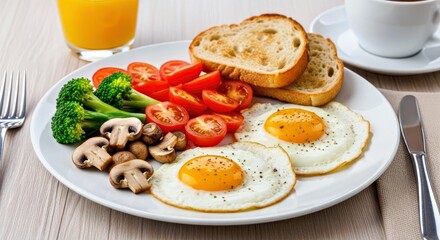 Healthy Breakfast Plate: Fried Eggs, Veggies, Mushrooms & Toast