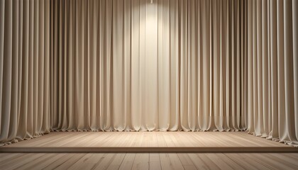 Minimalist empty stage, soft beige curtain, clean wooden floor, single spotlight, elegant and timeless classic setup