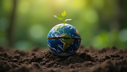 Young green plant sprouting from soil on top of a small globe, environmental conservation, World Earth Day theme