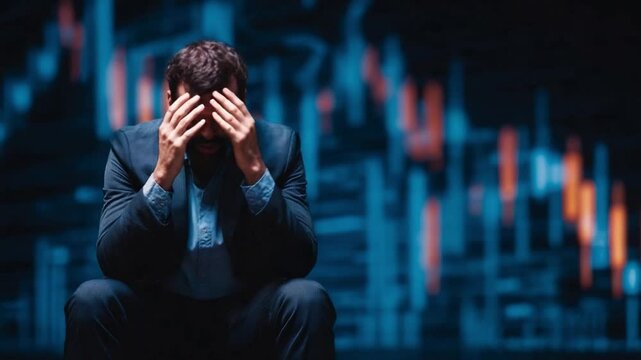 Financial Strain: A dejected businessman, weighed down by the burden of economic hardship, sits in despair against a backdrop of plunging financial charts.