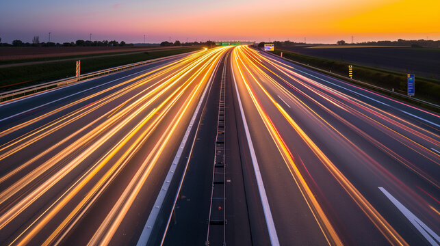 Empty highway with vibrant light trails under a warm dusk sky, capturing the essence of motion and solitude.

