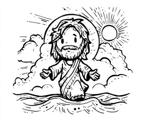 Jesus walking on water , coloring page for kids, simple outline illustration. Coloring book.