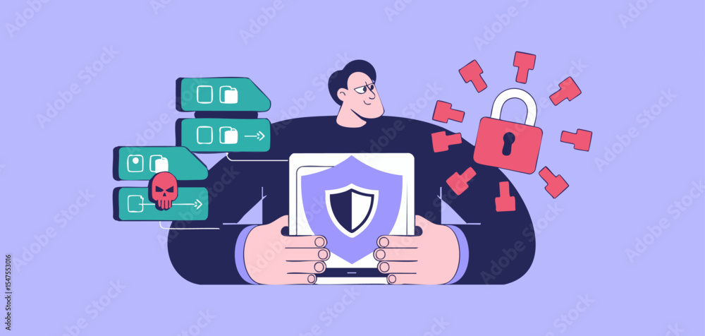 Poster it professional protecting laptop data with shield from server malware, vector illustration for secu