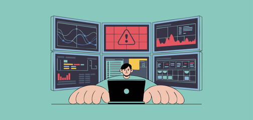 soc analyst monitoring multiple screens with security alerts and data graphs, vector illustration for security operations center, threat detection and cybersecurity incident response
