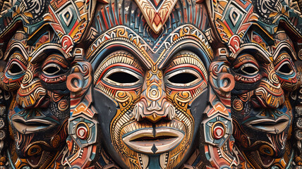 Obraz premium This Papuan wooden mask features expressive eyes and tribal motifs that highlight the ethnic identity and storytelling traditions of Papua.