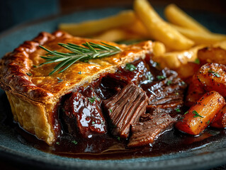 steak pie and chips: A hearty steak pie with golden fries