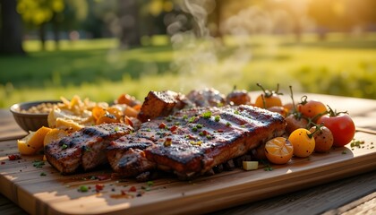 Delicious BBQ platter with grilled ribs, chicken skewers, and vegetables on wooden table, blurred park picnic background