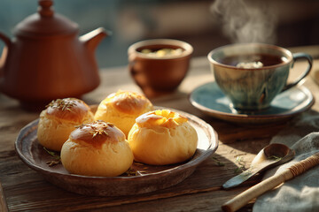 breakfast scene with Chinese custard buns, served with a cup of tea or coffee, cozy kitchen setting, rustic table, soft morning light, food styling
