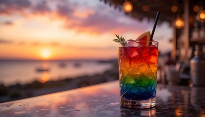 Colorful layered cocktail on bar counter, sunset sky in background, bokeh lights,