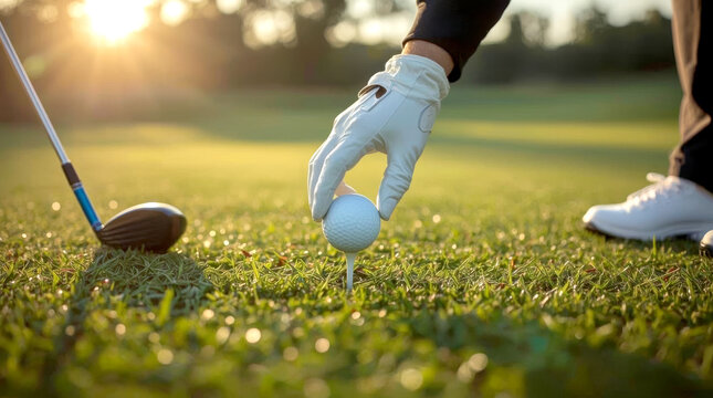 Hand putting golf ball on tee with club in golf course on evening and sunset time a for healthy sport. Lifestyle Concept.